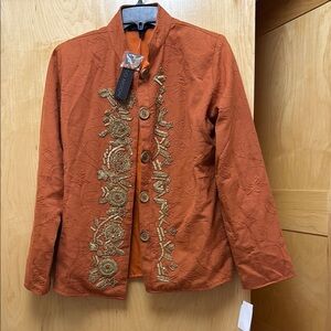 Orange Embroidered Mandarin Collar Blazer